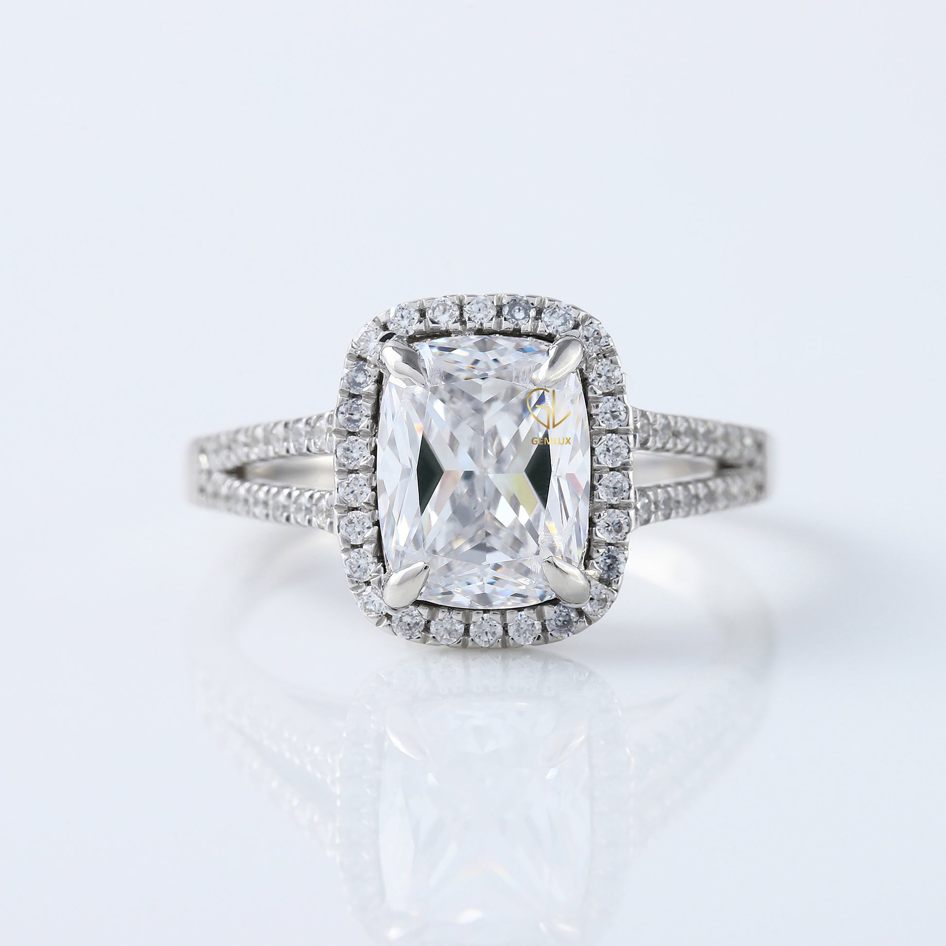 2.5 Ct Elongated Cushion Cut Moissanite Halo Split Shank White Gold Ring