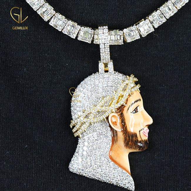 Iced Out Big Cross Crown Jesus Enamel Pendant Mens