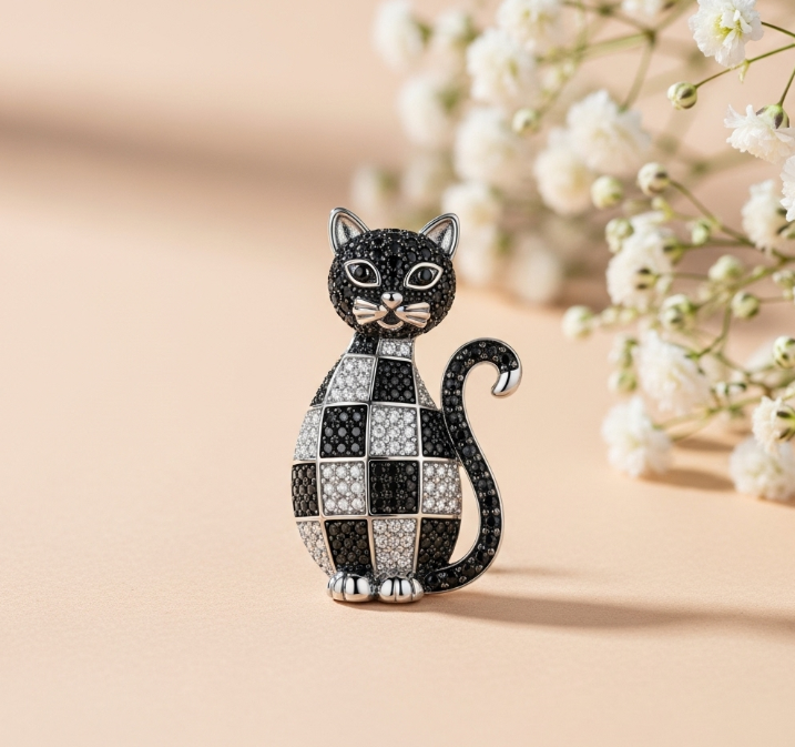 925 Silver Vintage Style Black Sitting Cat Brooch