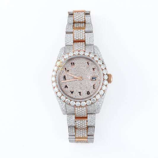 Arabic Dial Iced Out VVS Moissanite Rose Gold Plated Two Tone Watch