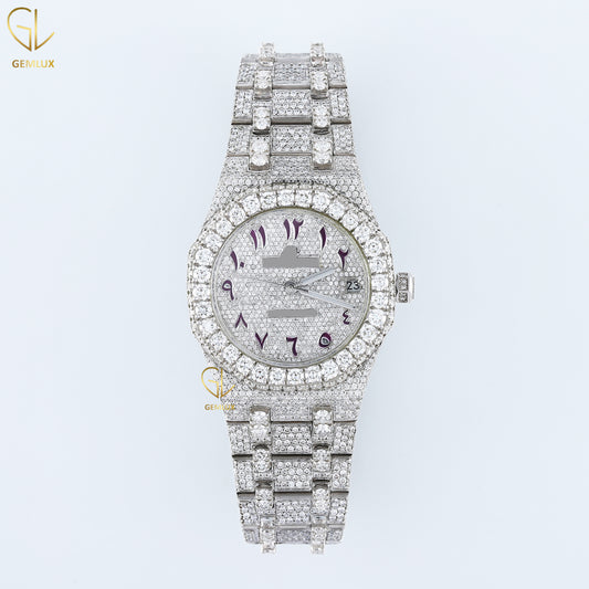 Arabic Number Dial Auto Date Iced Out Lab Grown Diamond Watch