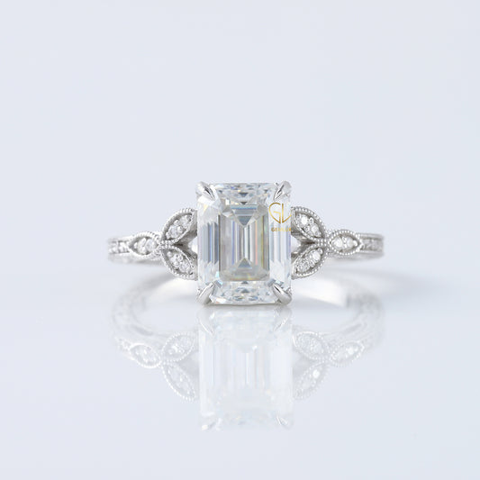 Art Deco 2.5 Ct Emerald Cut Lab Grown Diamond White Gold Ring