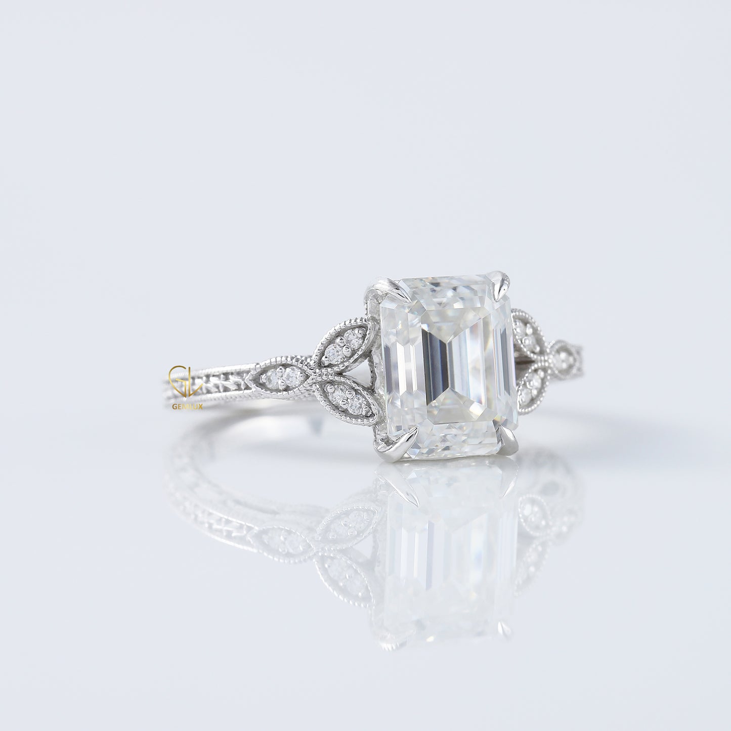 Art Deco 2.5 Ct Emerald Cut Lab Grown Diamond White Gold Ring