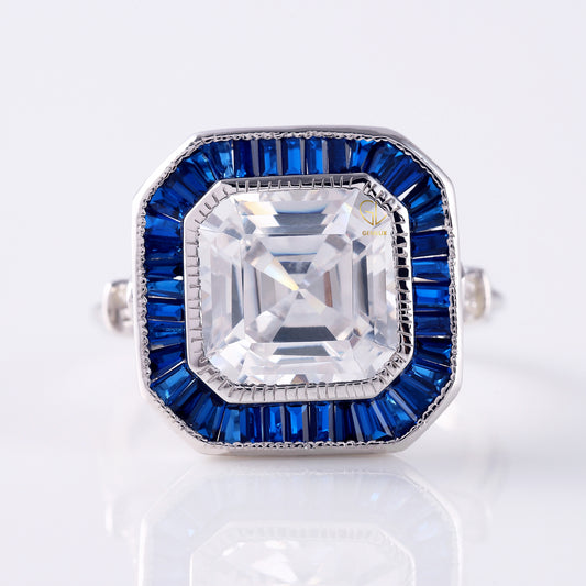 Art Deco Asscher Cut Moissanite Halo Engagement Ring