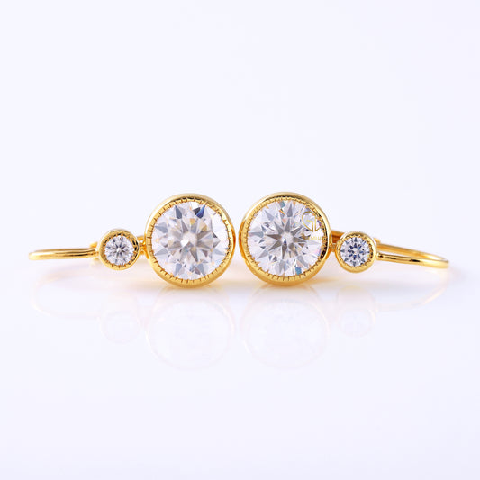 Art Deco Two Stone Round Moissanite Bezel Lever Back Earrings
