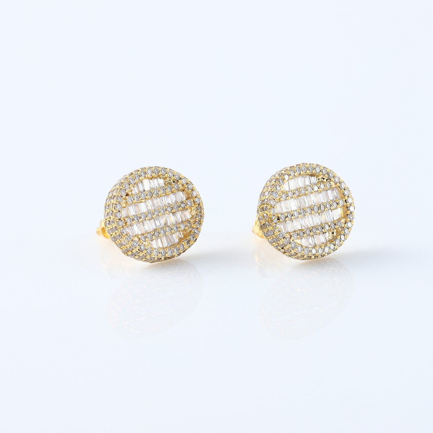 Baguette & Round Cut Lab Grown Yellow Gold Stud Earrings