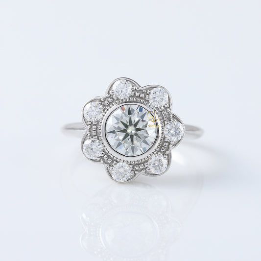 Bezel Set Floral Halo Round Lab Grown Vintage Ring