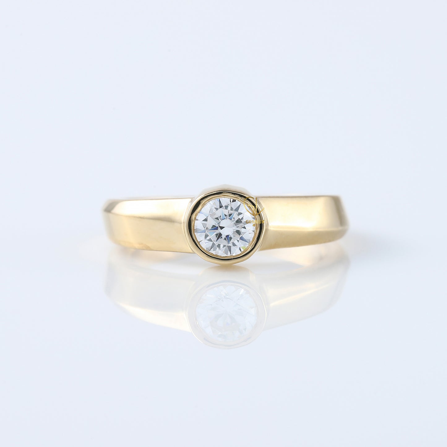 Bezel Set Round Moissanite Solitaire Yellow Gold Ring