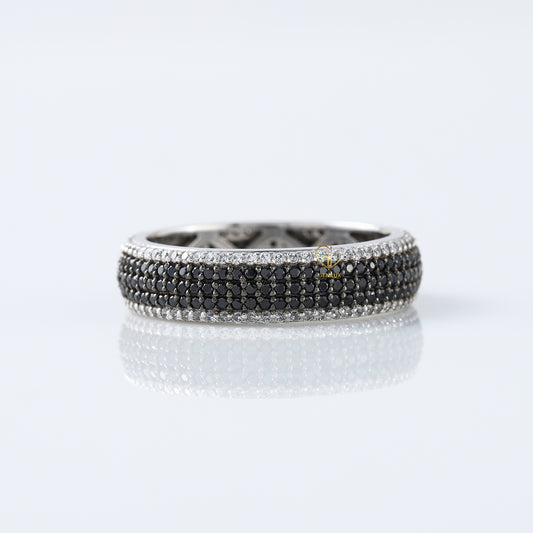 Black & White Round Cut Moissanite Diamond Eternity Wedding Band, Day & Night Band