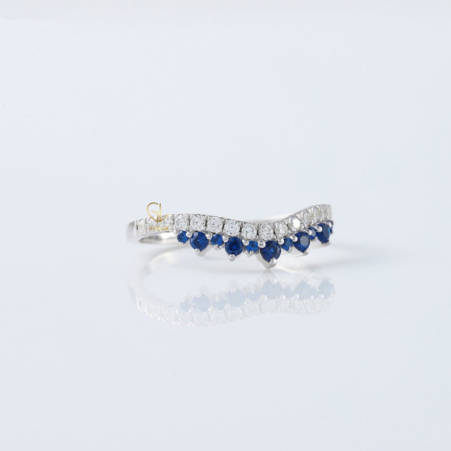 Blue Sapphire Round Cut Moissanite Diamond Chevron Band
