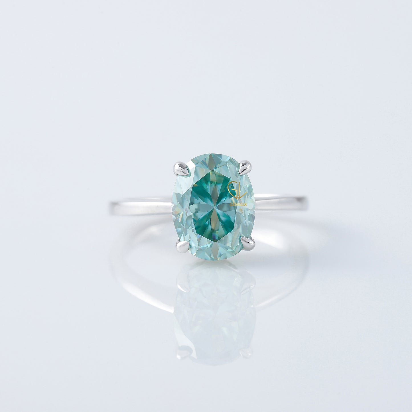 Blue Aquamarine Oval Cut Moissanite Solitaire Ring