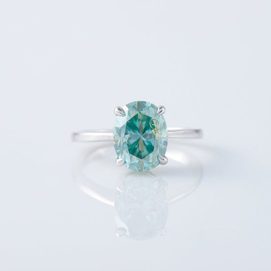 Blue Aquamarine Oval Cut Moissanite Solitaire Ring