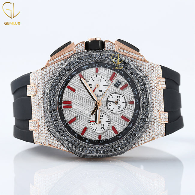 Chronograph Iced Out VVS Moissanite Dial Black Rubber Strap Watch
