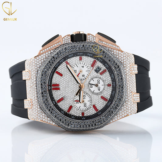 Chronograph Iced Out VVS Moissanite Dial Black Rubber Strap Watch