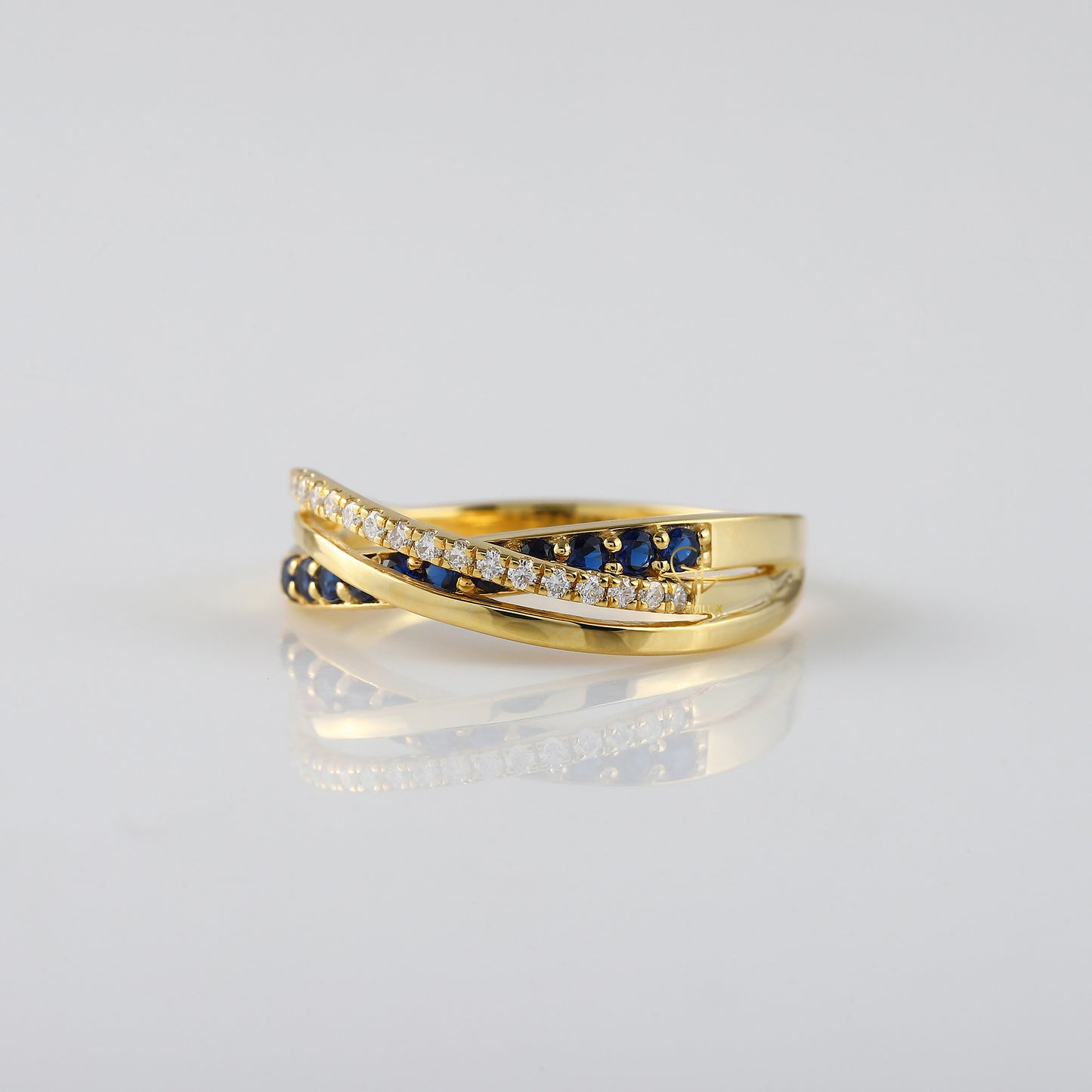 Criss Cross Blue Sapphire Moissanite Engagement Ring