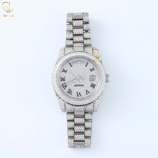 Day Date Roman Dial Automatic Movement Iced Out Lab Grown Hip Hop Watch