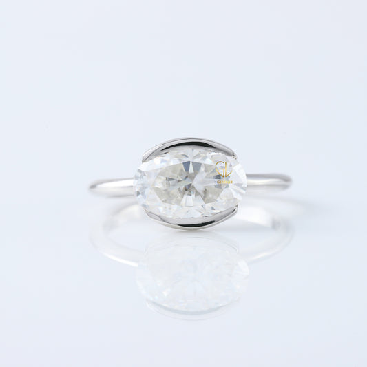 East West Oval Lab Grown Diamond Solitaire Ring - Half Bezel