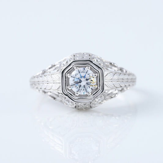 Edwardian Round Moissanite Filigree Vintage Inspired Ring