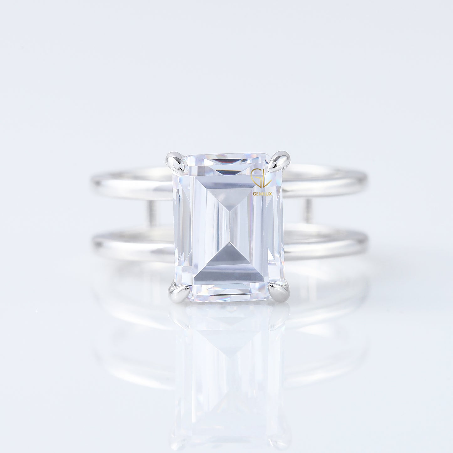 Emerald Cut Moissanite Double Band Solitaire Ring