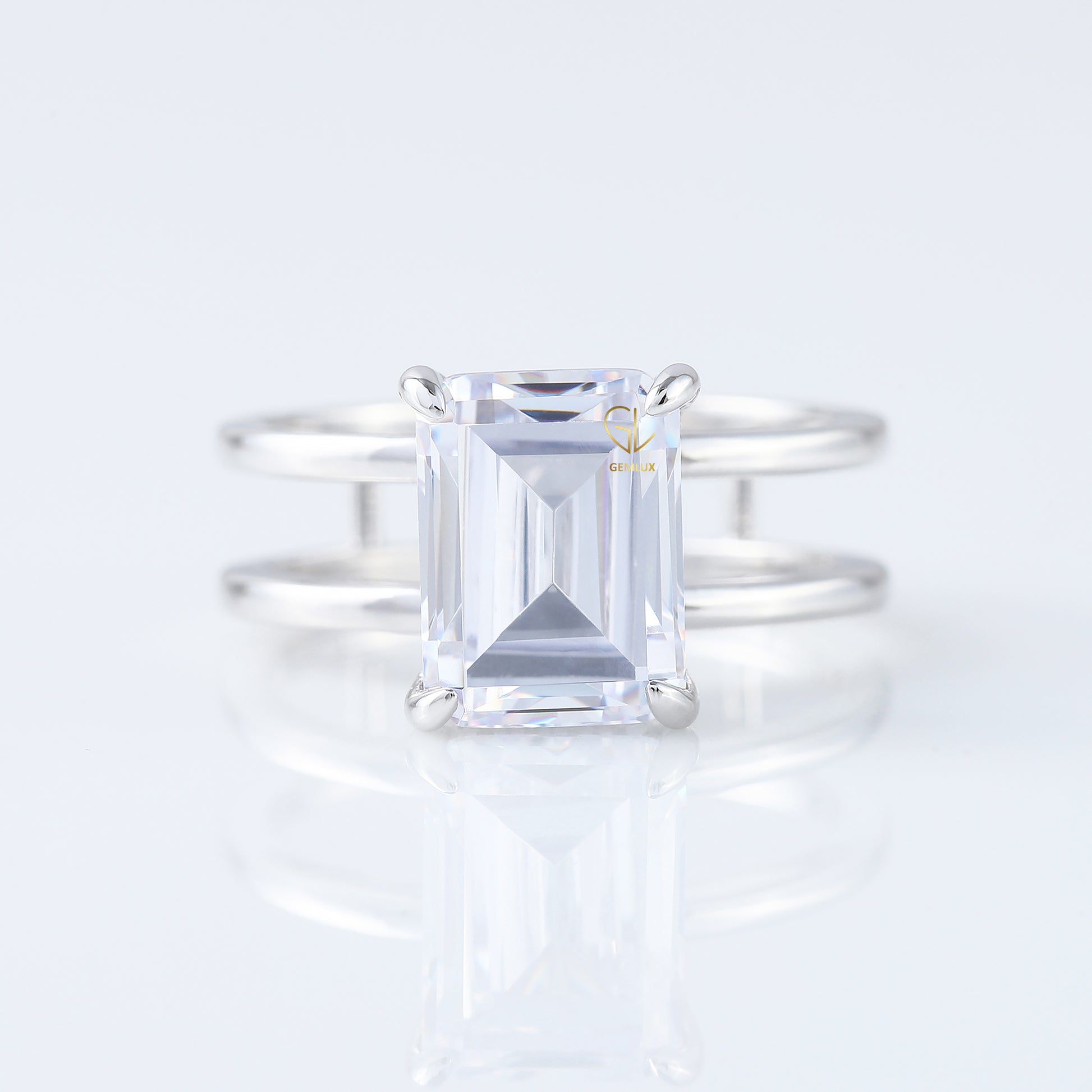 Emerald Cut Moissanite Double Band Solitaire Ring