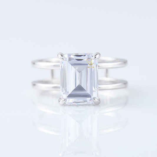 Emerald Cut Moissanite Double Band Solitaire Ring