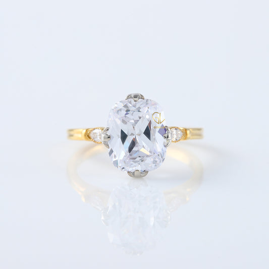 Fish Tail Prong Three Stone Elongated Cushion Cut Moissanite Ring