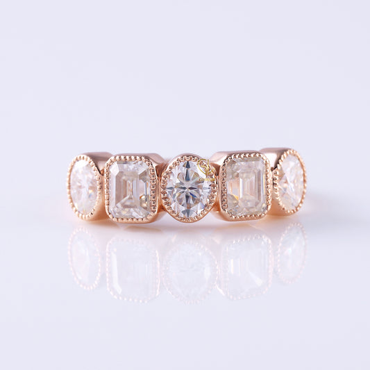 Five Stone Oval & Emerald Moissanite Bezel Set Wedding Band