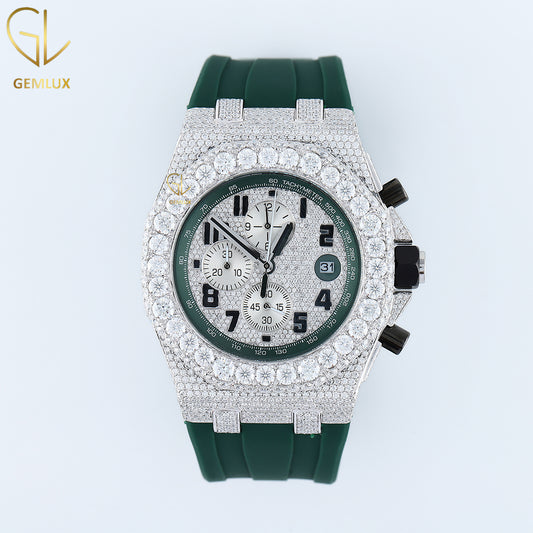 Green Rubber Belt Iced Out Chronograph Dial D VVS Moissanite Hip Hop Watch