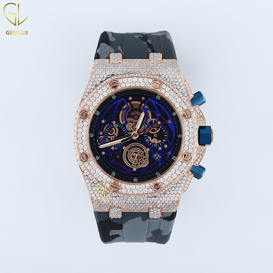 Grey Camouflage Rubber Belt Iced Out Bezel Moissanite Watch