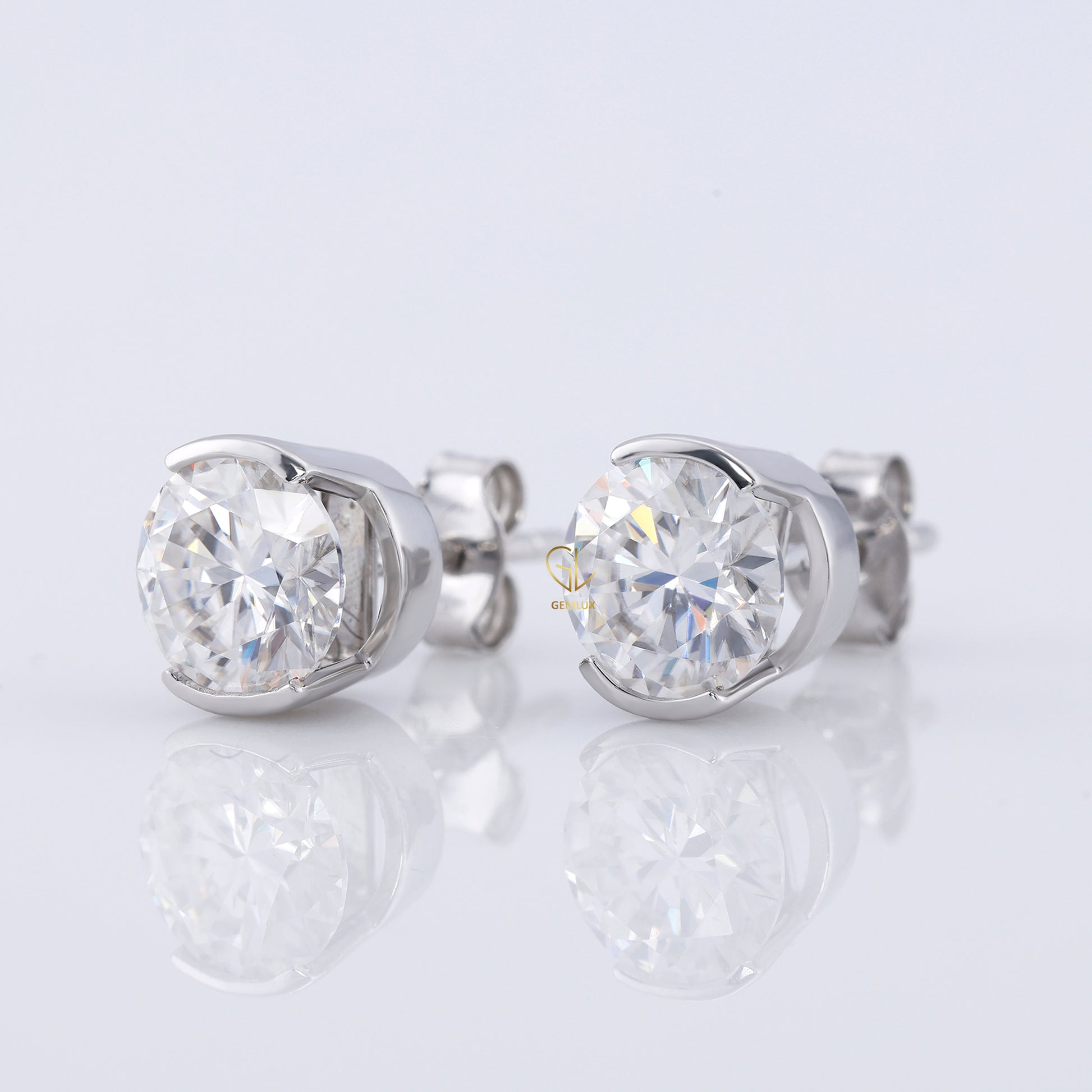 Half Bezel Set Round Lab Grown Stud Earrings
