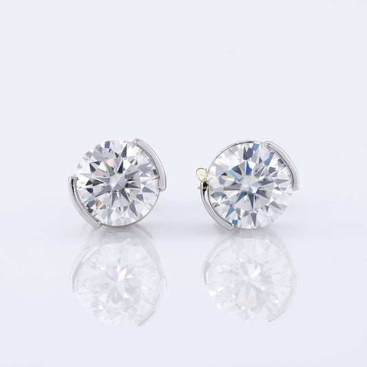 Half Bezel Set Round Lab Grown Stud Earrings