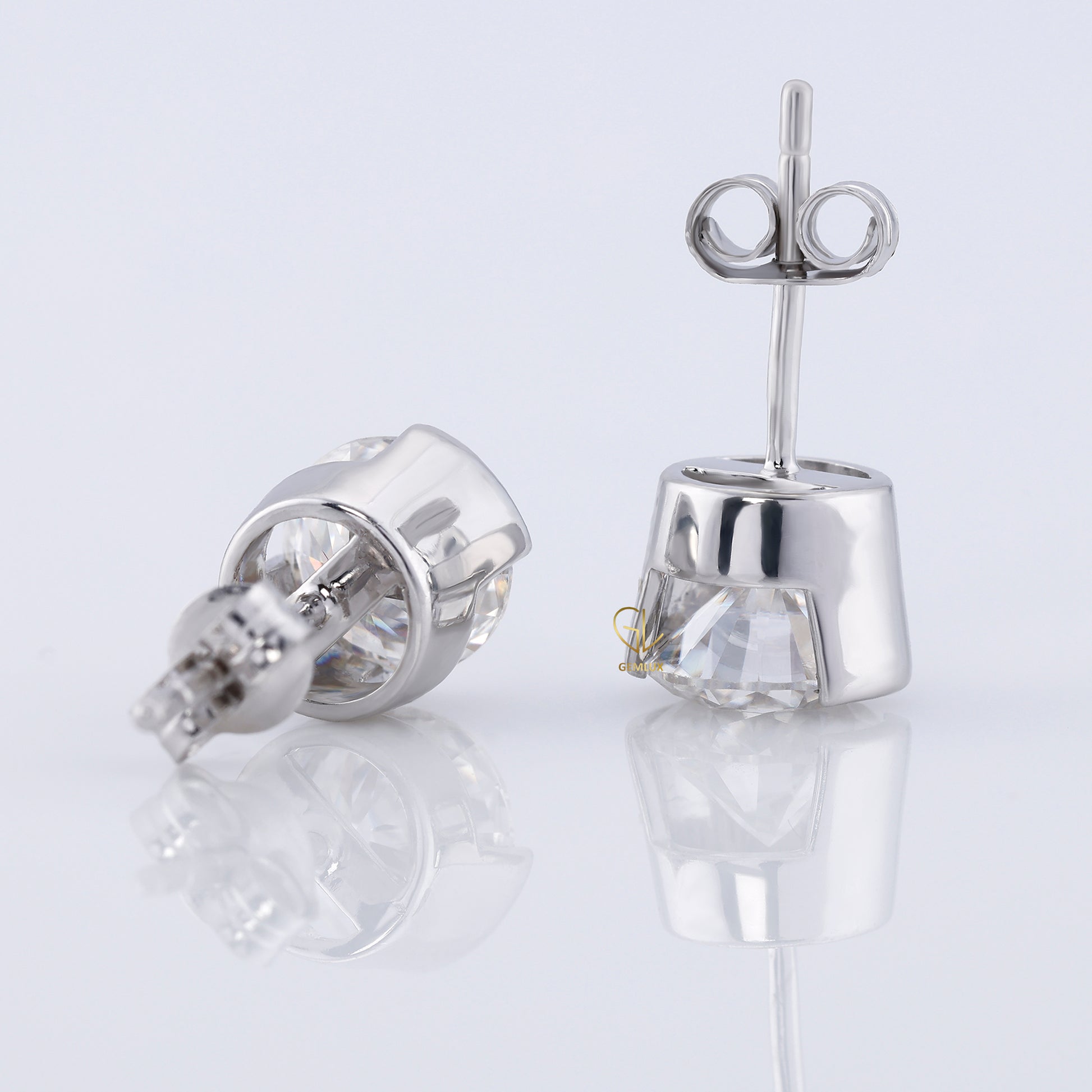 Half Bezel Set Round Moissanite Stud Earrings