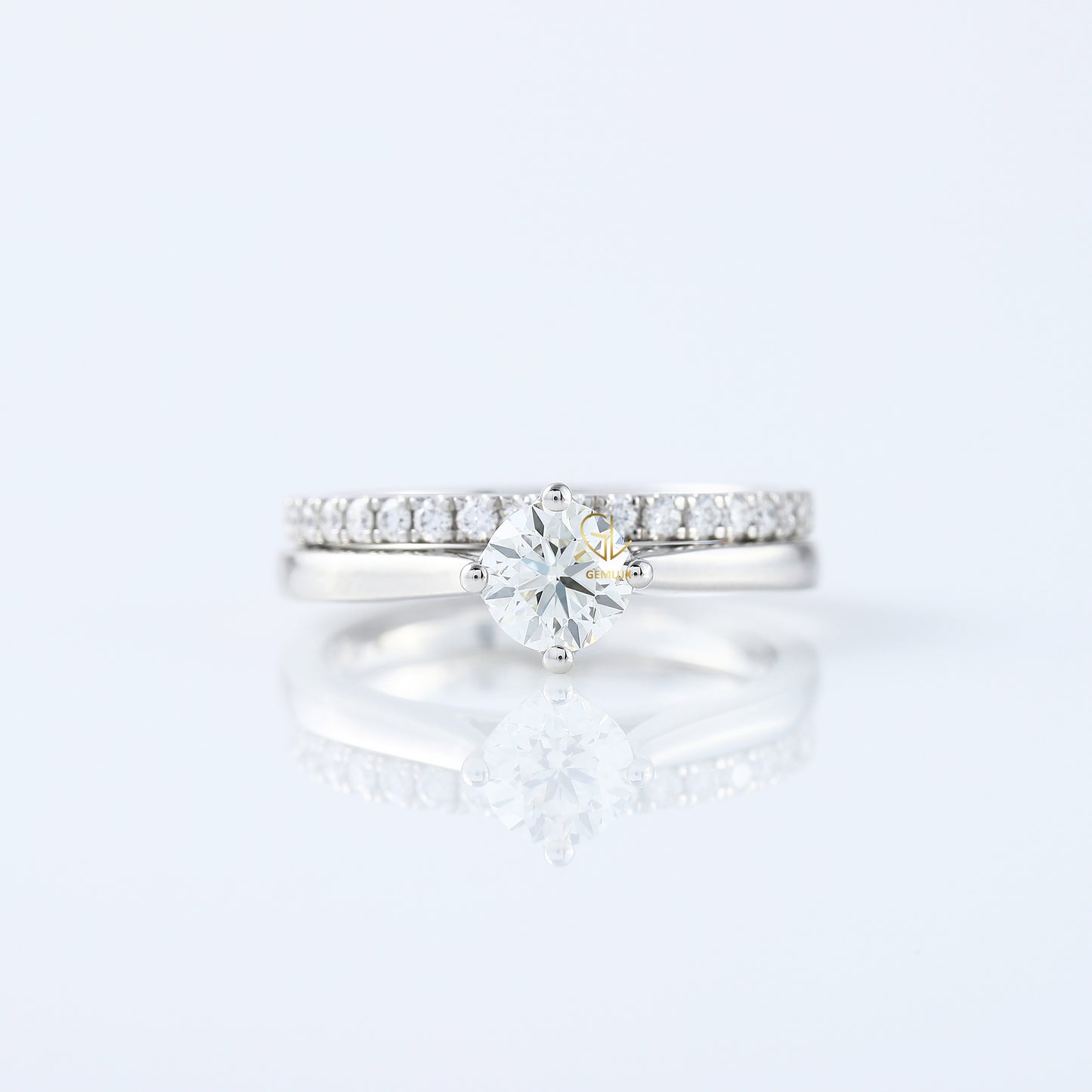 Round Cut Moissanite Diamond Solitaire Ring With Matching Eternity Wedding Ring Set