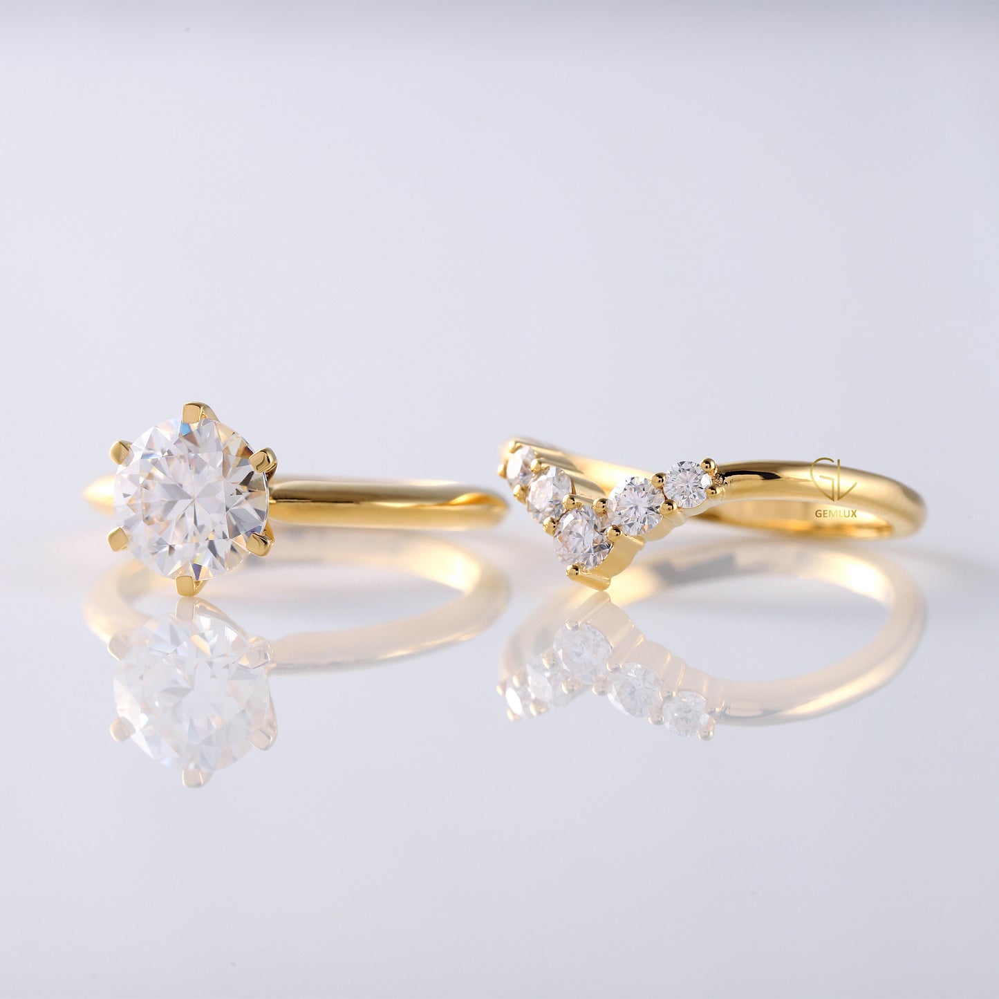 Round Cut Moissanite Diamond Solitaire Engagement Ring With Matching Curved Ring Set