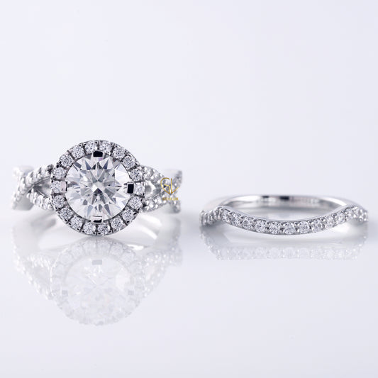 Round Cut Moissanite Twisted Ring With Curved Matching Bridal Ring Set