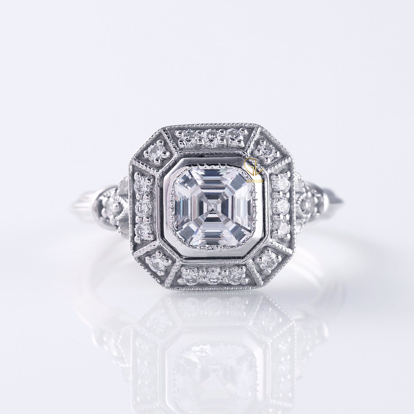 Art Deco Asscher Cut Moissanite Bezel Set Engagement Ring