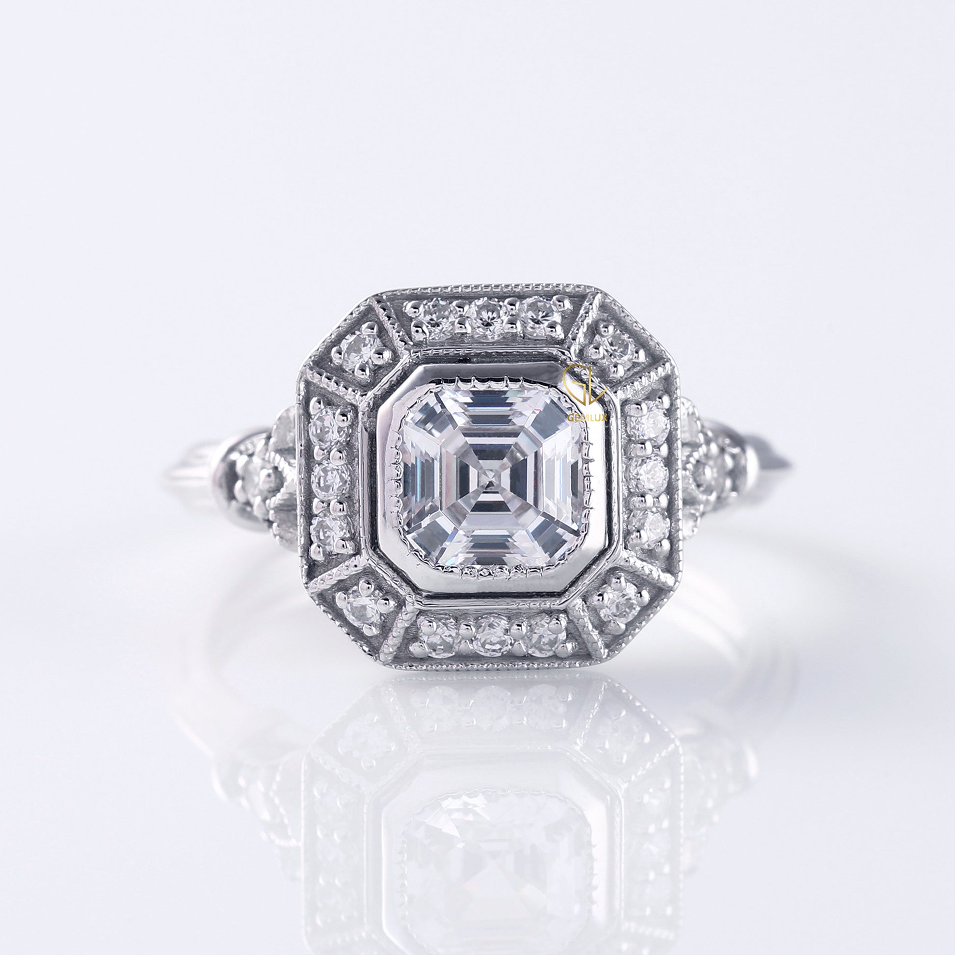 Art Deco Asscher Cut Moissanite Bezel Set Engagement Ring