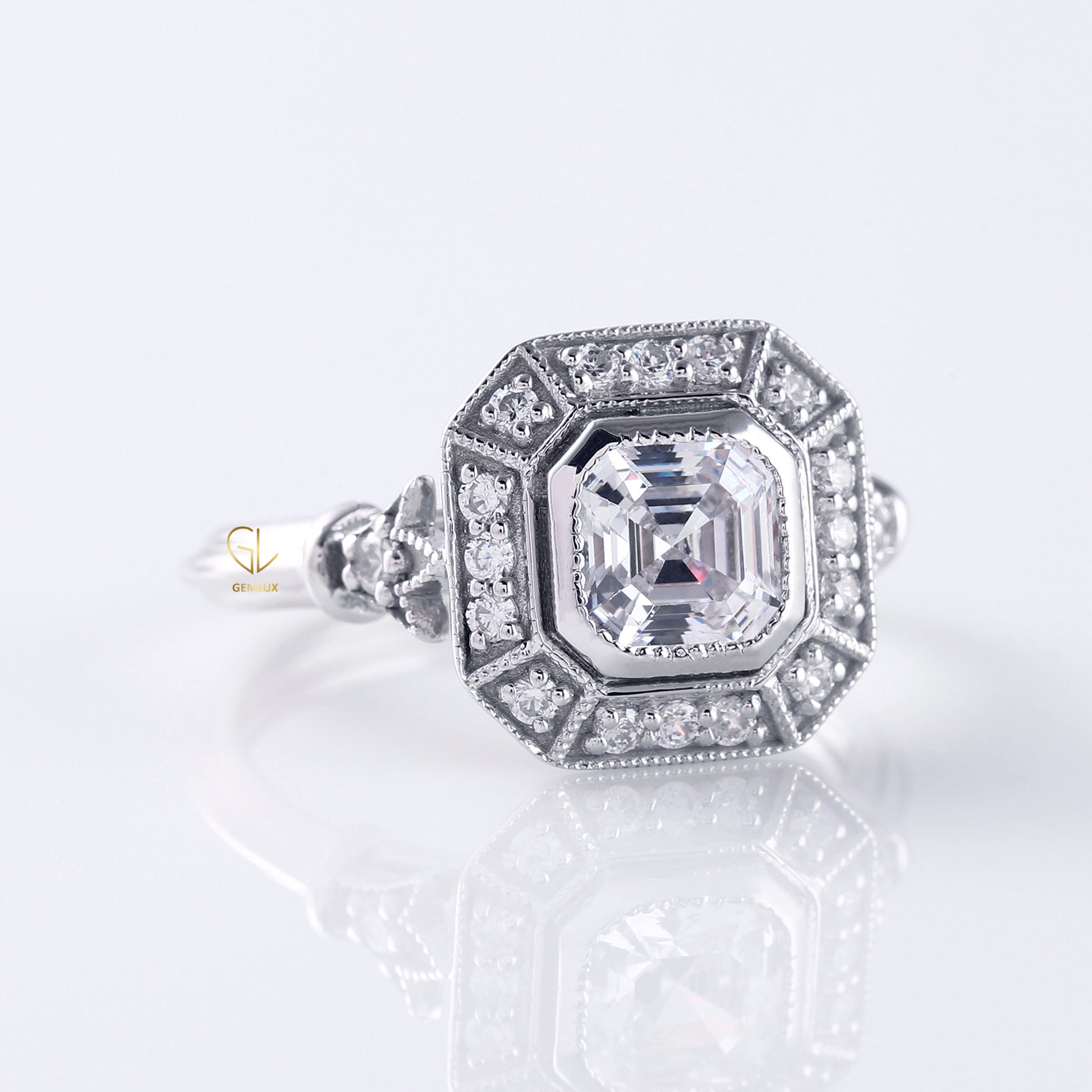 Art Deco Asscher Cut Moissanite Bezel Set Engagement Ring