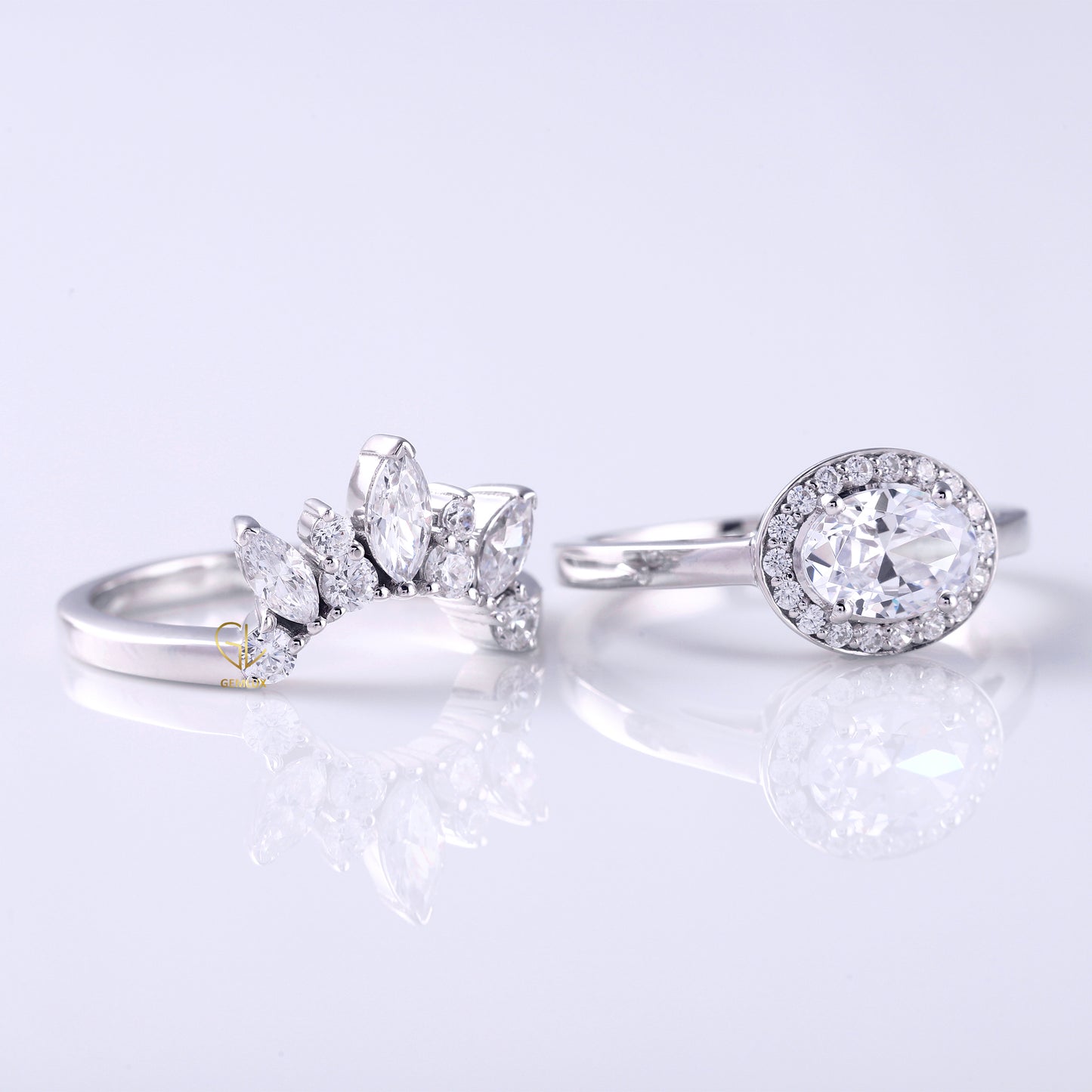 East To West Oval Moissanite Ring With Curved Matching Bridal Ring Set