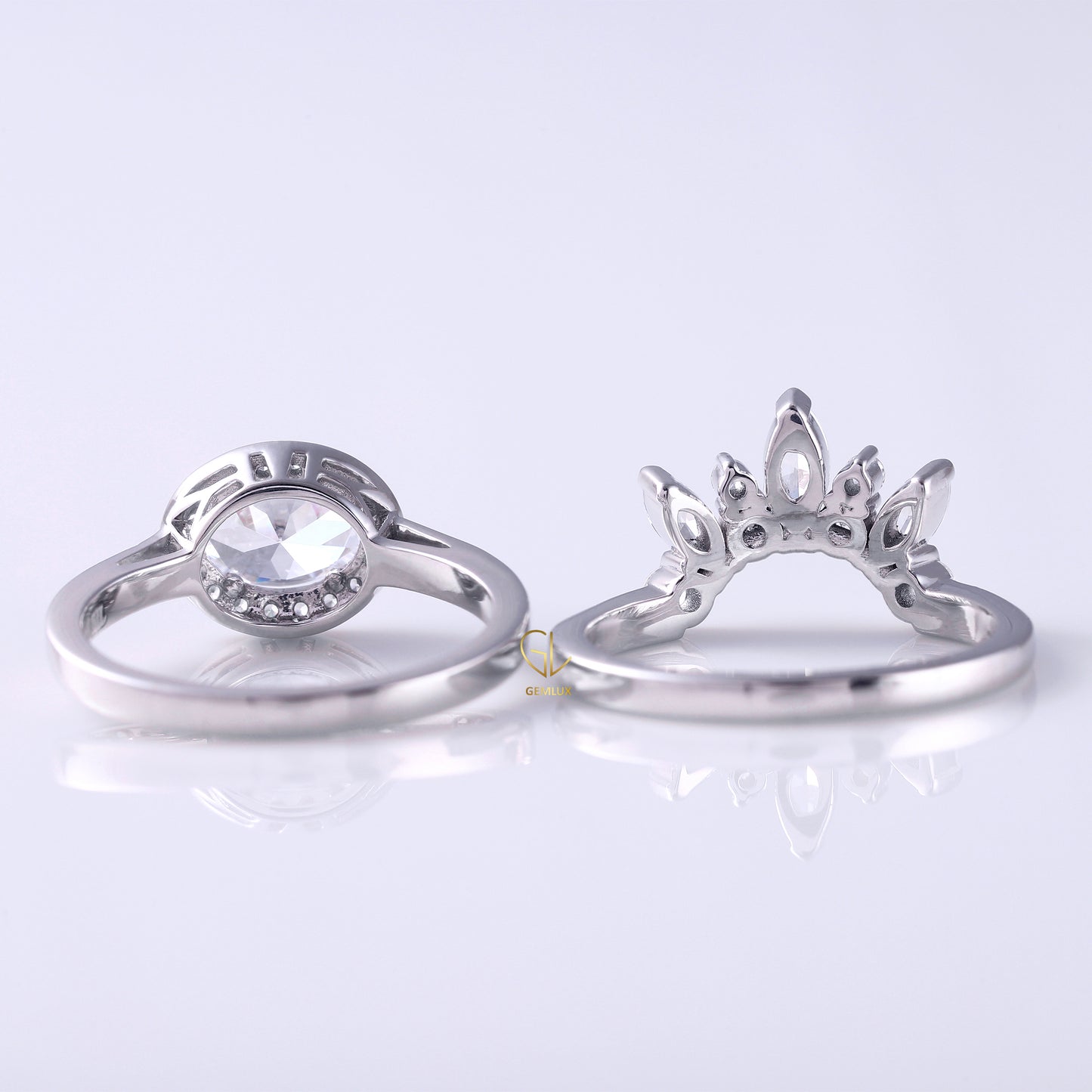 East To West Oval Moissanite Ring With Curved Matching Bridal Ring Set