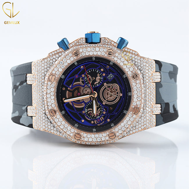 Grey Camouflage Rubber Belt Iced Out Bezel Moissanite Watch