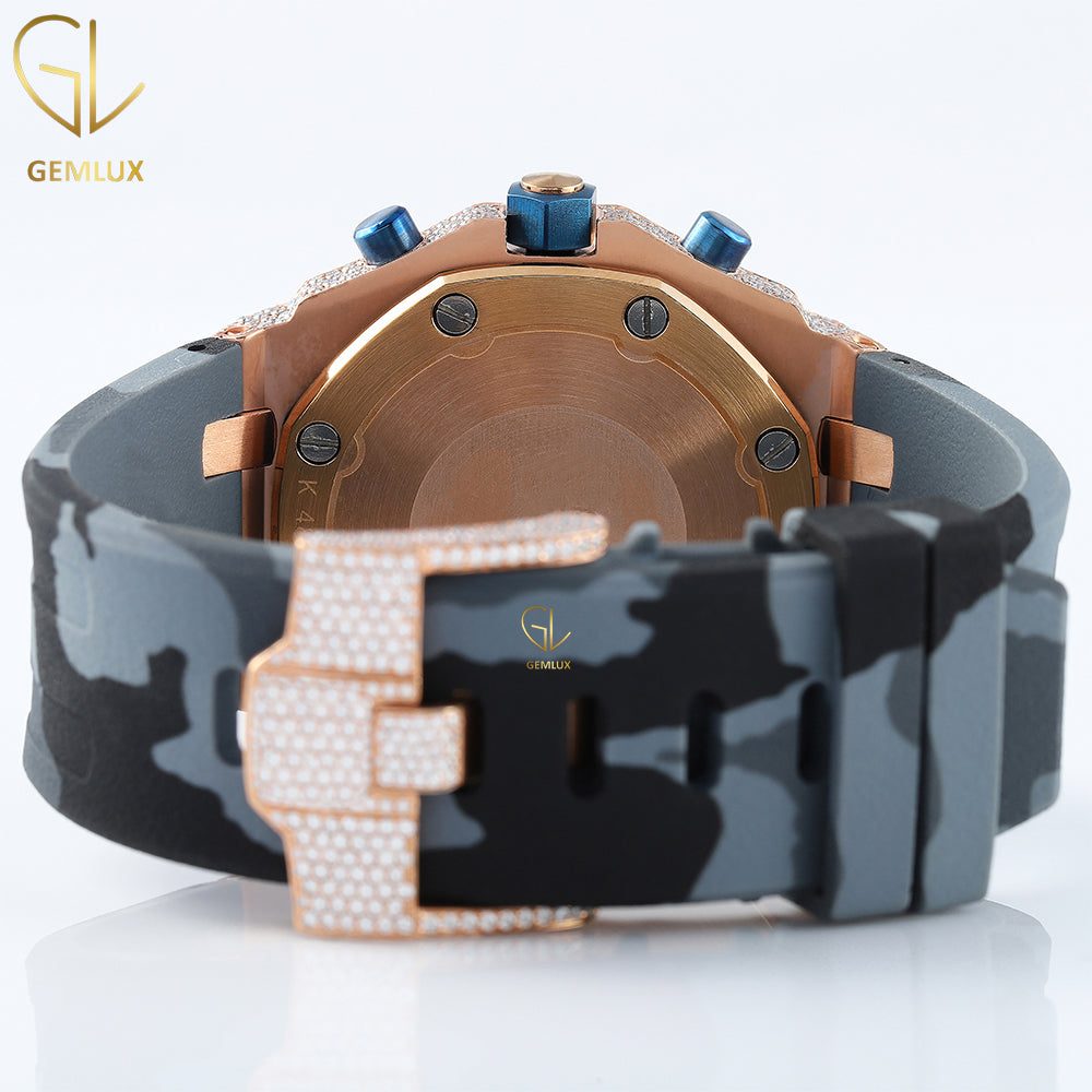 Grey Camouflage Rubber Belt Iced Out Bezel Moissanite Watch