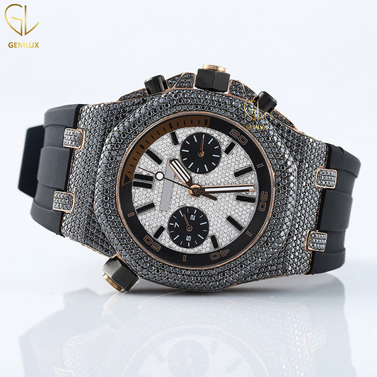 Chronograph Bezel Black Rubber Belt Black & White Moissanite Hip Hop Watch
