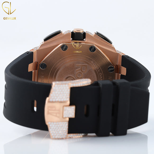 Chronograph Iced Out VVS Moissanite Dial Black Rubber Strap Watch