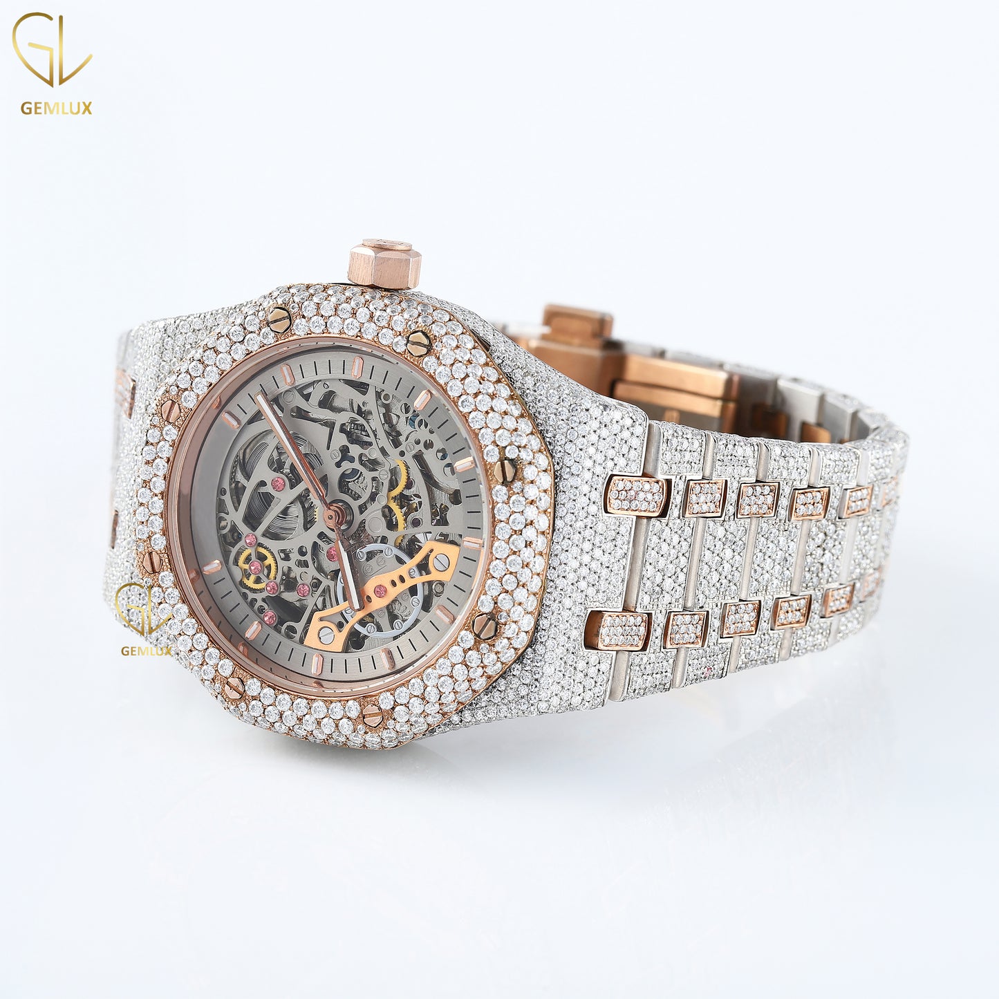 Skeleton Dial Rose Gold Stainless Steel VVS Moissanite Diamond Watch