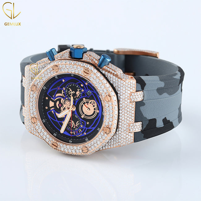 Grey Camouflage Rubber Belt Iced Out Bezel Moissanite Watch