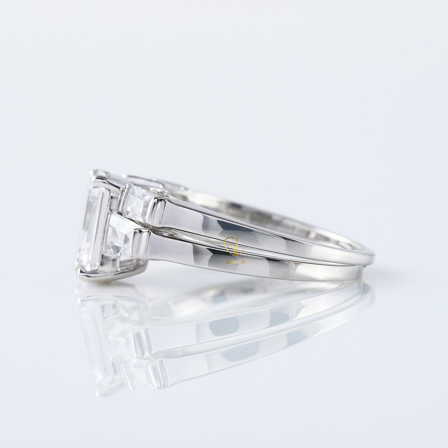Emerald Cut Moissanite Diamond Three Stone Engagement Ring With Matching Open Cuff Band
