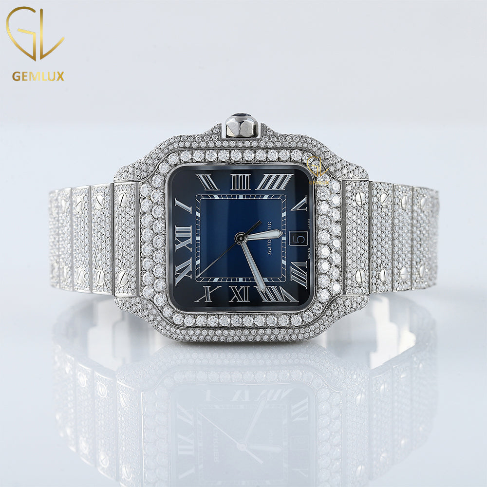 Square Roman Dial Blue Face Iced Out Certified Lab Grown Watch
