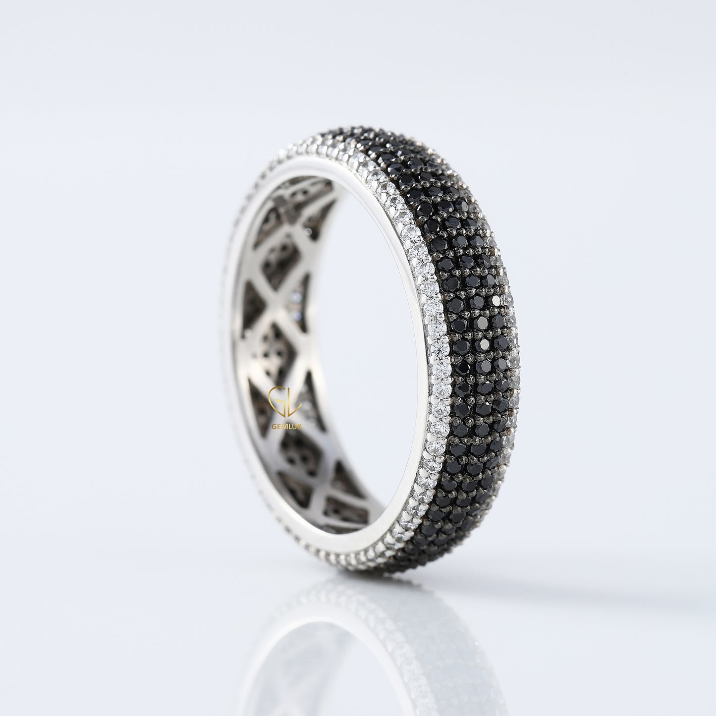 Black & White Round Cut Moissanite Diamond Eternity Wedding Band, Day & Night Band