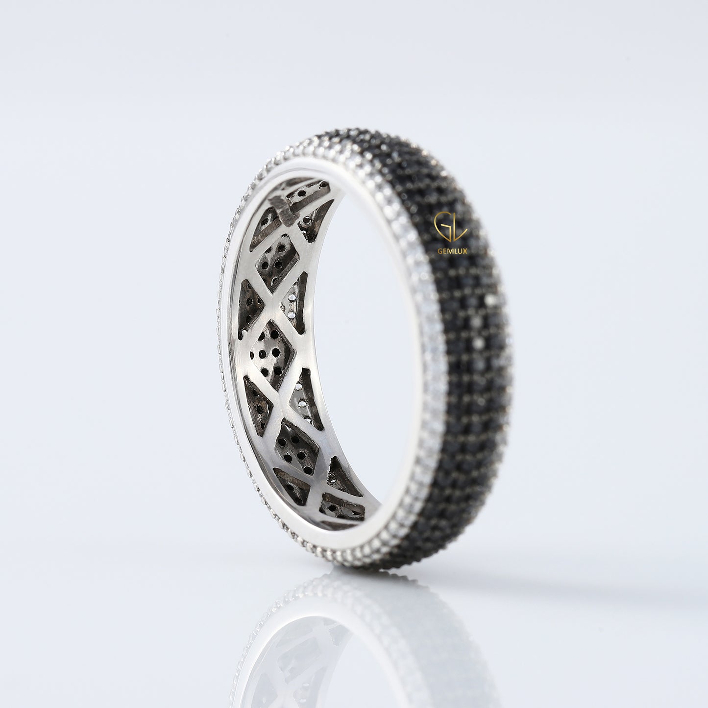Black & White Round Cut Moissanite Diamond Eternity Wedding Band, Day & Night Band